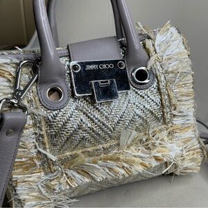 JIMMY CHOO 2WAY Shoulder Handbag light Metallic Woven & Raffia Leather Taupe